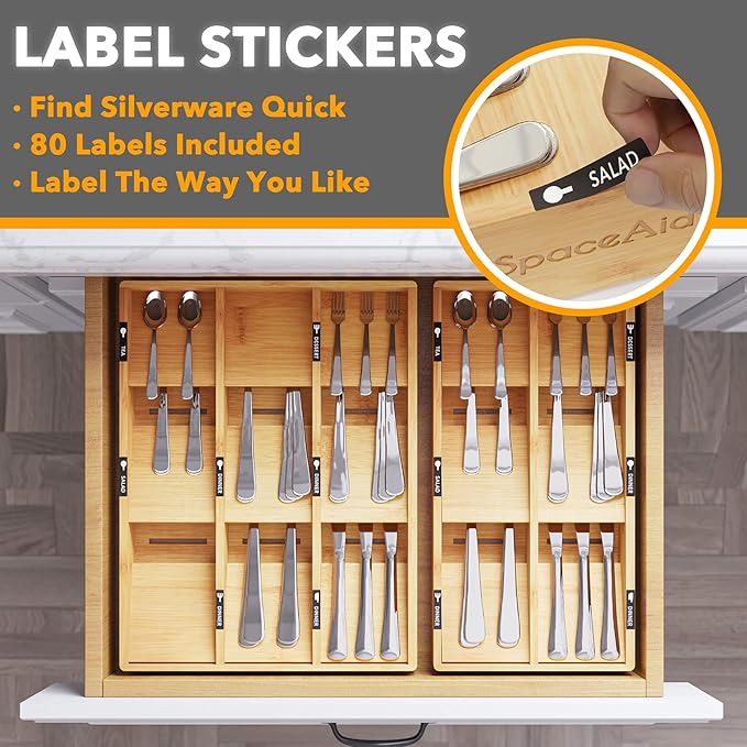 SpaceAid Bamboo Silverware Drawer Organizer (Need 3" Deep Drawer), Kitchen Utensil Tray Holder Organizer for Flatware, Cutlery, Spoon and Knives Storage Organization (9 Slots)