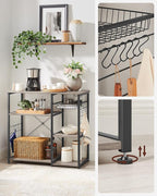 VASAGLE ALINRU Kitchen Baker’s Rack, Coffee Bar, Microwave Oven Stand, with Steel Frame, Wire Basket, 6 Hooks, for Mini Oven, Spices Utensils, Industrial, Greige and Black UKKS090B02