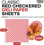 Red Checkered Deli Paper Sheets, 12" x 12" (1000 pcs.) - USA-Made Premium Food Basket Liners - PFAS-free Grease Resistant Deli Paper Sheets for Snack & Baking Wrap, Picnic & Party by IDL Packaging