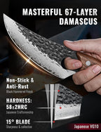 Emojoy Damascus Chef Knife, 67-Layer Damascus Steel Kitchen Knife with Black Hammered Finish, Japanese Knives for Home, Outdoor Cooking, BBQ, Include Gift Box, 6.3 Inch