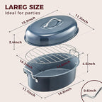 HONGBAKE 18 Inch Turkey Roasting Pan with Rack and Lid – Large Gray Carbon Steel Roaster Pan for 20 lb Turkey, Oven Safe Baking Pan for Holiday Meals & Thanksgiving