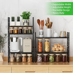 Expandable Cabinet Storage Shelf Stackable Organizer Rack for Kitchen Bathroom Pantry Spice Cupboard Coffee Countertop Home Office Desk Heavy Duty Nonslip Black Large 2 Packs