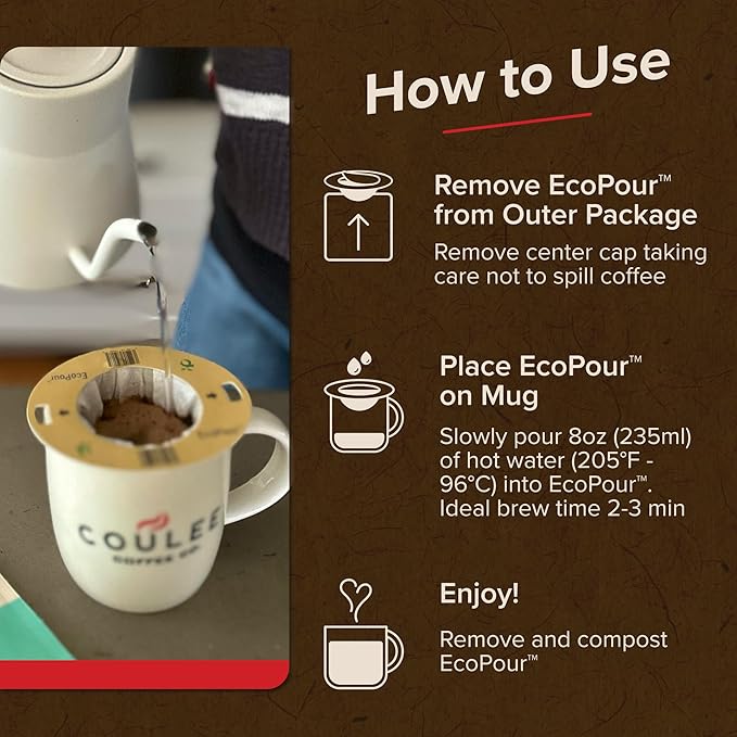 Coulée EcoPour Doc's Blend Coffee, Single Serve Pour Over Arabic Coffee, Dark Roast, Use for Camping or Traveling, Pre Filled Compostable Filters, Ready to Brew with Hot Water, 20 Pack