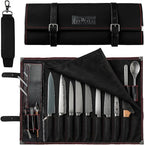 OuiChef Chef Knife Bag for 10 Knives & Utensils - Waxed Canvas & Vegan Leather - Travel Knife Case with Straps - Professional Chef Roll Bag