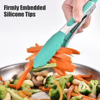 Doosu Kitchen Tongs for Cooking - 600°F Heat Resistant Food Tong with Non-Scratch Silicone Tips, Heavy Duty Stainless Steel Locking Tong for BBQ, Grilling Steak, Serving Salad, Pasta (7in, Aqua Sky)