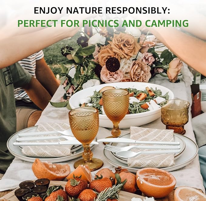 450 Counts Compostable Forks Spoons Knives Set Disposable Forks Utensils Heavy Duty Knives Silverware Eco Friendly Flatware for Party Camping Picnics White forks spoons and knives set