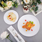 KIRE 100PCS Silver Plastic Plates - Heavy Duty White Disposable Plates with Silver Rim for Party/Wedding - Include 50Pcs 10.25inch Dinner Plates and 50Pcs 7.5inch Dessert Plates for Christmas