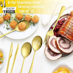 Large Gold Serving Utensils Set of 12, E-far Stainless Steel 9.8 Inch Serving Spoons Slotted Spoon, 9.9 Inch Forks, 9.4 Inch Tong for Buffet Catering, Mirror Finish & Dishwasher Safe