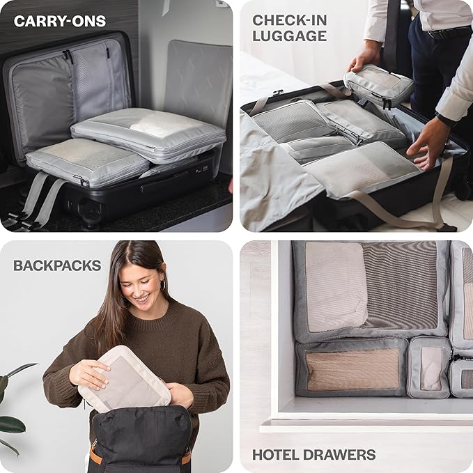 Aerotrunk Compression Packing Cubes for Travel - Luggage Organizer Bags - Double Zipper Packing Cubes for Suitcases (4-Pack, Light Grey)
