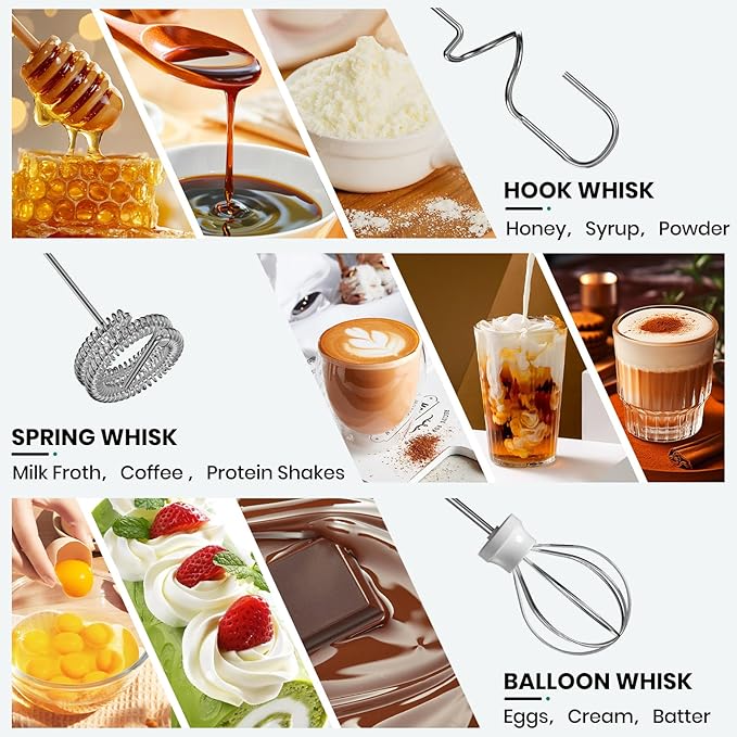 Milk Frother Handheld Rechargeable, Frother Wand Drink Mixer Electric Whisk for Coffee, Detachable With 3 Stainless Whisks, Hand Mixer for Lattes, Cappuccino, Matcha, Egg, No Stand, Beige