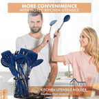HOTEC 446°F Heat Resistant Silicone Kitchen Utensils, BPA Free Cooking Utensil Set, Spatula Set, Kitchen Gadgets, with Stainless Steel Utensils Holder, Dishwasher Safe, 14pcs Classic Blue