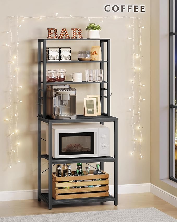 VASAGLE Coffee Bar, Baker’s Rack for Kitchen with Storage, 6-Tier Kitchen Shelves with 6 Hooks, Microwave Stand, Industrial, 15.7 x 23.6 x 65.7 Inches, Charcoal Gray and Black UKKS024B22
