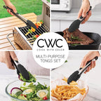 COOK WITH COLOR Stainless Steel Silicone Tipped Kitchen & BBQ Tongs Set, 3 Pc. Tongs, Black
