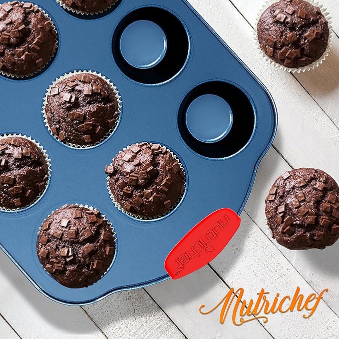 NutriChef 8-Piece Nonstick Baking Pan Set - Premium Carbon Steel Bakeware w/ Silicone Handles - Includes Pizza Tray, Loaf Pan, 12-Cup Muffin Pan, Round/Square Pans, & Cookie Sheet - Blue