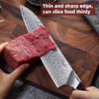 FINDKING Nebula Series Chef Knife with ABS Sheath, Multipurpose Japanese Gyuto Knife, 10Cr15CoMov Damascus Steel Blade, Resin and Figured Sycamore wood Handle, Full Tang, 8 Inch, Red, for Meat