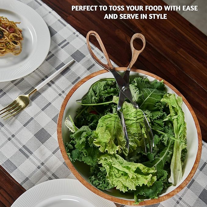 Folkulture Salad Tongs for Cooking | 11.5" Heat Resistant Kitchen Tongs, Salad Server or Metal Serving Utensil | Stainless Steel Cooking Accessory for Home, Buffet & BBQ | Wooden