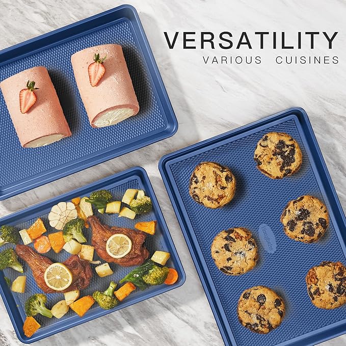 HONGBAKE Baking Sheet Pan Set, Cookie Sheets for Oven, Nonstick Half/Quarter/Jelly Roll Pans with Diamond Texture Pattern, Heavy Duty Cookie Tray, Dark Blue