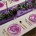 PLASTICPRO 30 Pack Plastic Set of 15-10 inch Plates and 15-7 inch Dishes Elegant Clear Purple Spiral and Gold Rim Disposable Fancy Plates Premium Heavyweight