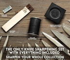 Black Roller Sharpener for Knives with Leather Strop - Knife Sharpener Kit with 15, 17, 20 & 22 Degree Angles - Roller Knife Sharpening System Stand, Holder & Eraser