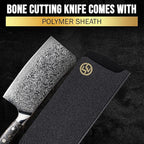 SliceElite Elite Series 7-Inch Damascus Bone Cutting Knife – VG10 Steel Blade with Forged Carbon Fiber Handle Infused with Gold Leaf, Sheaths Option (Bone Cutting Knife)