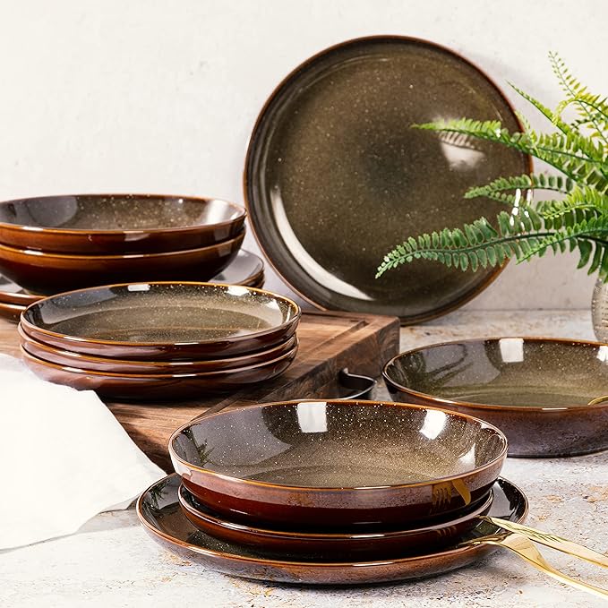 Gibson Elite Edwina 16-Piece Double Bowl Dinnerware Set, Service for 4 – Dark Green Stoneware Plates and Bowls