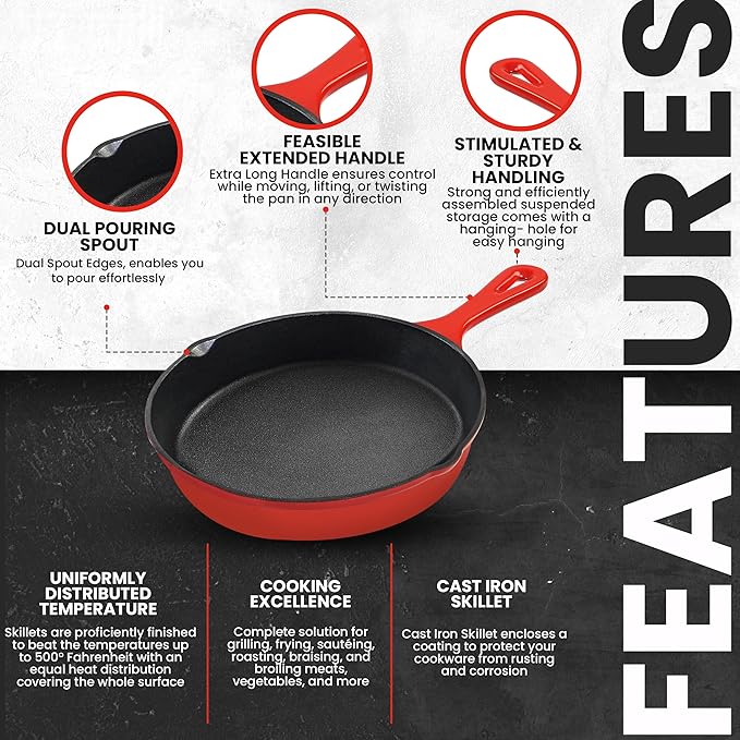 Utopia Kitchen Saute Frying Pan 6.5 Inch, Cast Iron Chefs Pan, Pre Seasoned Cast iron Skillet, Safe Grill Cookware for Indoor & Outdoor Use, Red