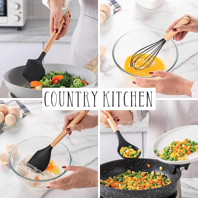 Country Kitchen Non Stick Silicone Utensil Set with Rounded Wood Handles for Cooking and Baking, 14 Piece Set, Black