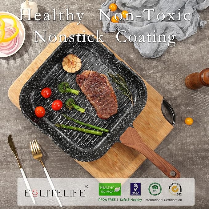 ESLITE LIFE 9.5 Inch Nonstick Grill Pan for Indoor Cooking, Versatile Induction Square Large Grilling Skillet Steak Pan for Stove Tops, PTFE & PFOA Free, Black