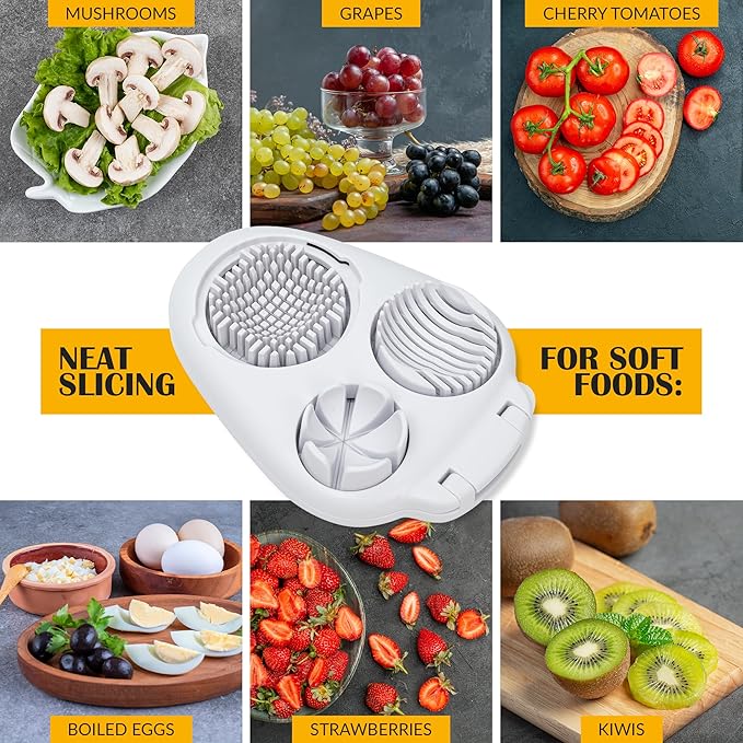 CraftyCrocodile Egg Slicer for Hard Boiled Eggs - 3 Slice Modes Egg Cutter, Heavy Duty, Stainless Steel Dicer - Kitchen Chopper Tool for Strawberry, Mushroom, Grape, Cherry Tomato - White