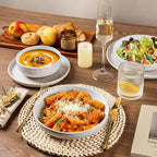 AmorArc Ceramic Dinnerware Sets with Pasta Bowls for 8, Handpainted Plates and Bowls Set with Rustic Terracotta Underside, Scratch Resistant Dishes Set, Dishwasher & Microwave Safe, 32 Pcs