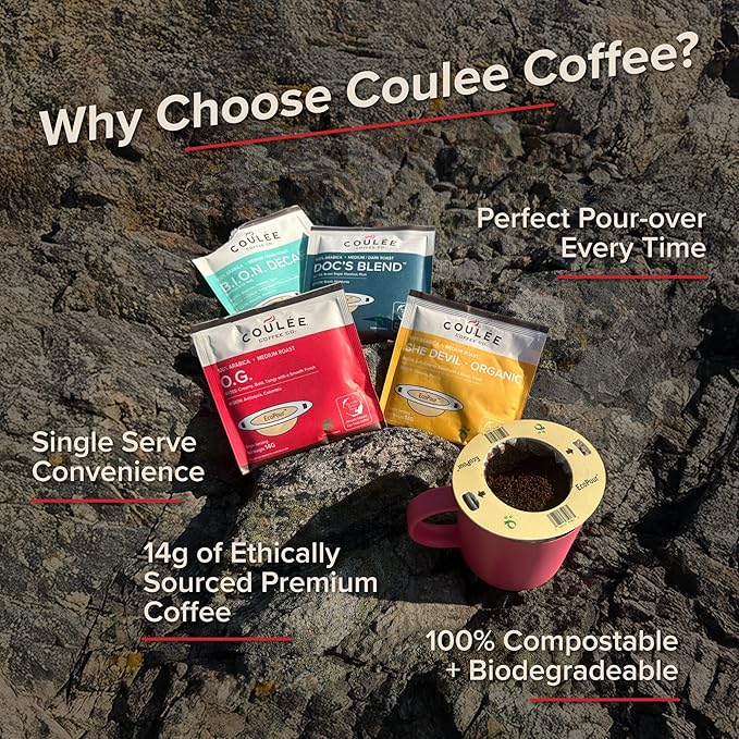 Coulée EcoPour B.I.O.N. Coffee, Single Serve Pour Over Decaffeinated Coffee, for Camping or Traveling, Pre Filled Compostable Filters, Ready to Brew with Hot Water, 20 Pack