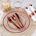 Goodluck 350 Piece Red Plastic Dinnerware Set for Party, Clear Disposable Plates for 50 Guests, Include: 50 Dinner Plastic Plates, 50 Dessert Plates, 50 Pre Rolled Napkins with Cutlery Set, 50 Cups