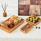Rattan Tray Set of 3, Rectangular Woven Wicker Tray, Natural Wicker Rattan Serving Baskets for Table Kitchen Bathroom Counter Organizing