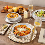 AmorArc 24 Pieces Ceramic Dinnerware Sets for 6, Handpainted Plates and Bowls Set with Rustic Terracotta Underside, Scratch Resistant Stoneware Dishes Set, Dishwasher & Microwave Safe, White