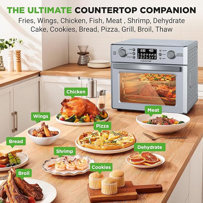 NutriChef 26L Electric Air Fryer Oven | 1700W Countertop Rotisserie & Air Fryer | 360° Rotating Feature | 10 Digital Menu Presets | Includes Drip Tray, Air Frying Basket & Bake Rack 15x16x14 (Silver)