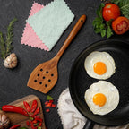 Teak Wooden Spatula for Cooking – Natural Non-Stick, Handcrafted Kitchen Utensils with Round Slotted Turner, Comfort Grip & Microfiber Cloth