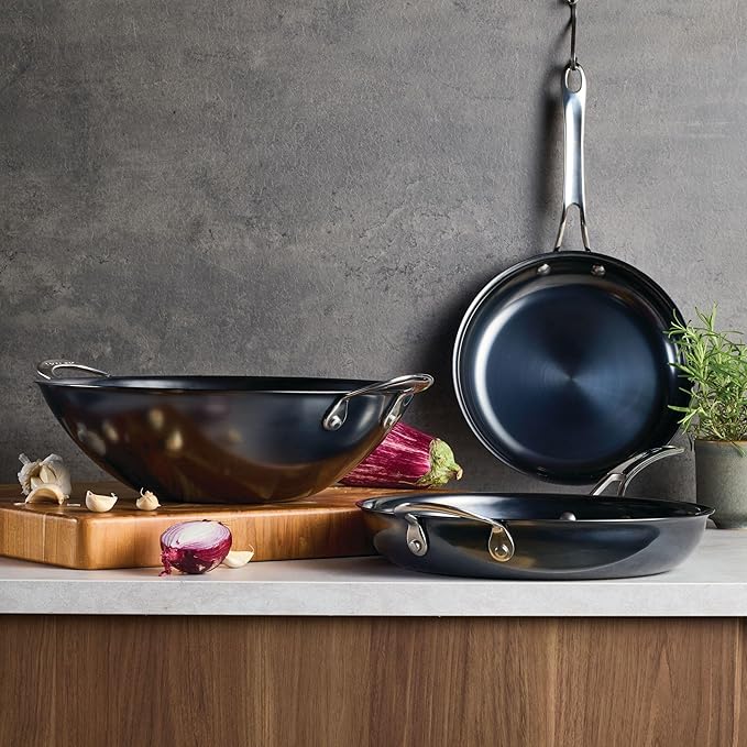 Anolon Everlast N2 Carbon Steel Wok/Stir-Fry Pan, Compatible with All Cooktops, Metal Utensil Safe, 14 Inch - Black