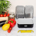 Cheese Grater with Container and Lid & Peeler Set - Vegetable Fruit Multi-Function Stainless Steel Kitchen Utensil Kit with Black Food Plastic Storage Stable Box - Hand Chopper Graters & Peelers