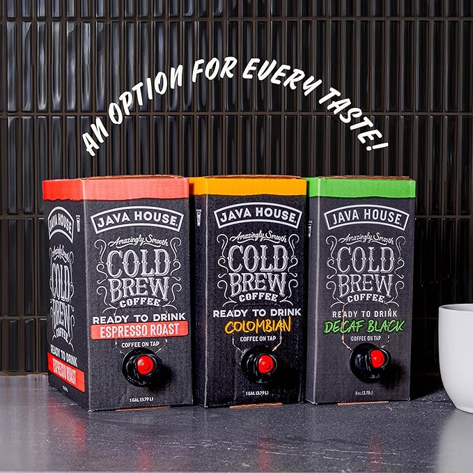 Java House Cold Brew Coffee on Tap – Premium 100% Arabica Medium Roast – Smooth Colombian Flavor with Chocolate & Caramel Notes – 1 Gallon Box (16 Servings) – Ready to Drink, No Brewing Required, Fridge-Friendly