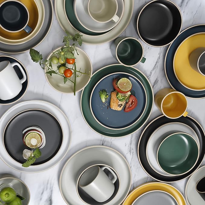 Gibson Home Zuma 16 Piece Round Kitchen Dinnerware Set, Dishes, Plates, Bowls, Mugs, Service for 4, Matte Stoneware, Green