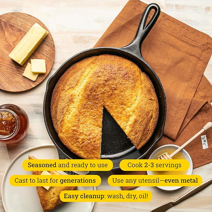 Lodge 10.25 Inch Cast Iron Skillet – Pre-Seasoned Frying Pan with Teardrop Handle – Oven, Stovetop, Grill & Campfire Use – Made in USA – Durable, Non-Toxic, Even-Heating Cookware – Black