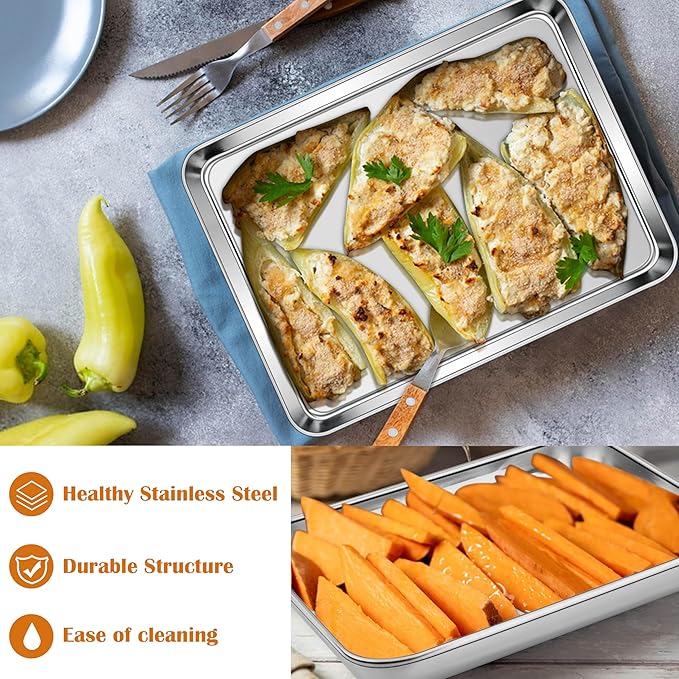 E-far Small Baking Sheet Set of 2, 10.5”x8.3” Stainless Steel Cookie Sheets Pans, Compact Non-toxic Metal Toaster Oven Trays for Cake, Healthy & Rust Free, Mirror Finish & Dishwasher Safe