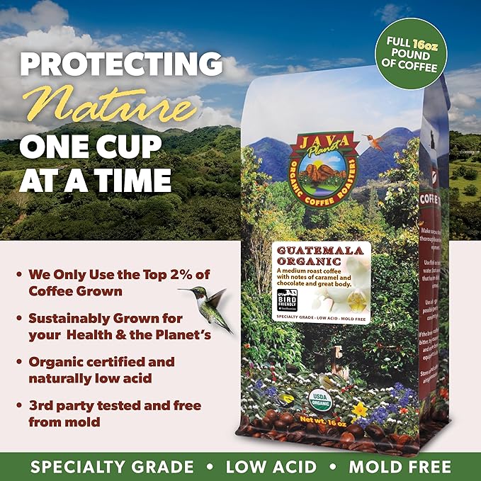 Low Acid Organic Coffee – Whole Bean, Mold-Free & Stomach Friendly by Java Planet, Guatemalan Single Origin Coffee, Medium Roast, Smooth Full Flavored, Smithsonian Bird Friendly, 1LB Bag