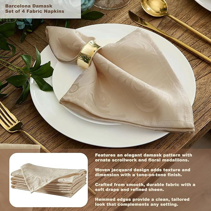 Newbridge Barcelona Luxury Damask Fabric Tablecloth, 70” x 70”, Square, Golden Beige, 100% Polyester, No Iron, Soil Resistant Dining Room, Party and Banquet Table Cover