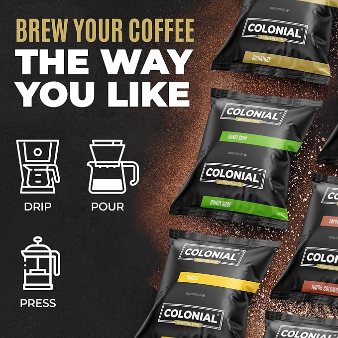 Colonial Coffee 100 Count Single Pot Coffee Packets – 100% Arabica Colombian Medium Roast | Pre-Measured Frac Packs for 12 Cup Maker | Bulk Ground Gourmet Coffee for Home & Office