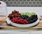 Top Shelf Elements Round Cake Carrier Two Sided Cake Holder Serves as Five Section Serving Tray, Portable Cake Stand Fits 10 inch Cake, Cake Box Comes With Handle, Cake Container Holds Pies (White)