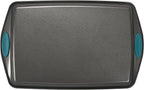 Rachael Ray Nonstick Bakeware Set with Grips includes Nonstick Bread / Baking Pans, Cookie / Baking Sheet and Cake Pans - 10 Piece, Gray with marine blue grips