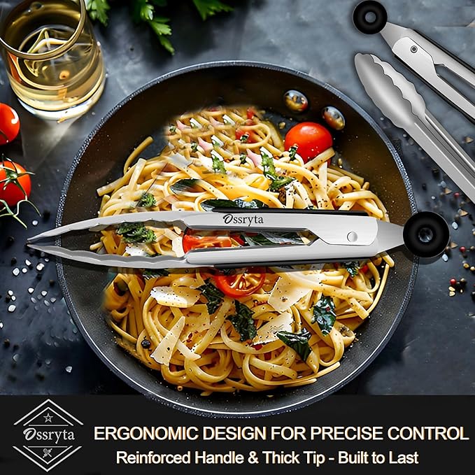 Stainless Steel Cooking Tongs Set of 3 - Heavy Duty 12/9/7 Inch Locking Tongs, Heat Resistant to 600 Degrees, Food Grade Kitchen Metal Tong for Food, Salad, & BBQ - Dishwasher Safe