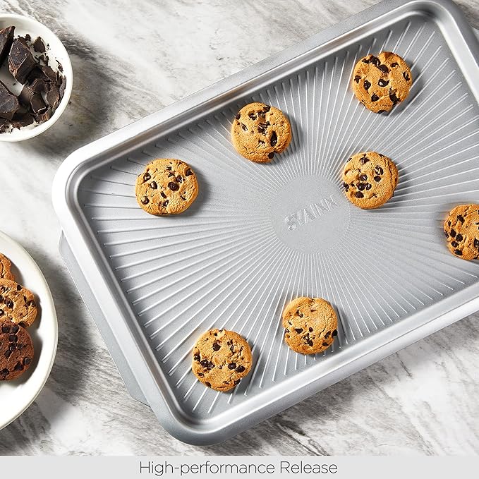 SYAINN Non-stick Ceramic Baking Sheet Set, 3 Pieces- Aluminum Steel Cookie Sheets for Baking-Includes Half/Quarter/Jelly Roll Pans-Warp Resistant, Toxic, PTFE & PFOA Free-Grenoble Green