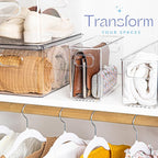 Plastic Food Storage 4 Pack Clear Container Bin with Handles for Organizing Kitchen, Pantry, Refrigerator, Freezer, Pantry, Cabinet, Closet, Bathroom. 10”x4”x6”